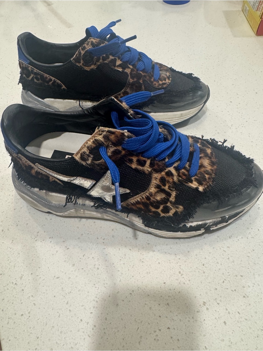 Women’s Golden Goose ~ Leopard Accent Black Sneakers with Blue Laces